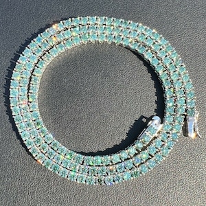 Sterling Silver Blue-Green Moissanite Tennis Chain: Handmade Iced Out Necklace