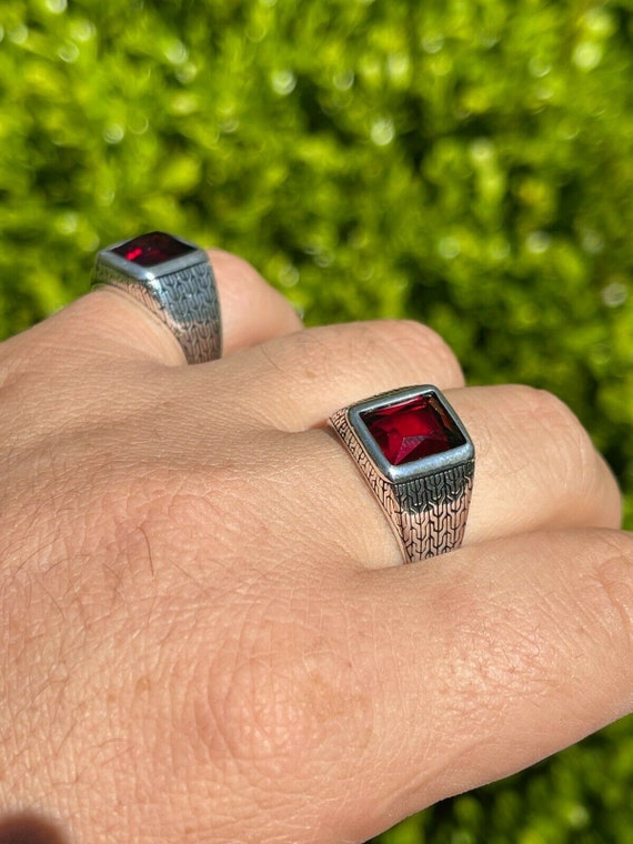 Men's Solid 925 Oxidized Sterling Silver Square Red Ruby