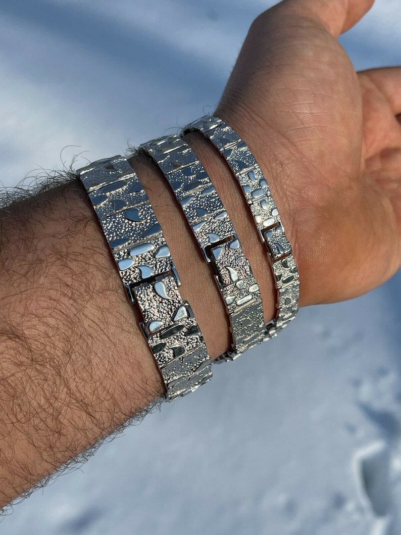 Men's Solid 925 Sterling Silver Mens Nugget Bracelet Heavy 8mm 12mm 16mm, Rapper, Hip-Hop image 3