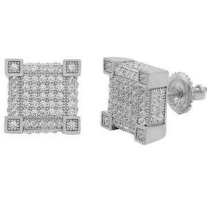 Men&#39;s Women&#39;s 925 Sterling Silver Iced Out Hip Hop Square Diamond Stud Earrings Screw Backs, 11mm