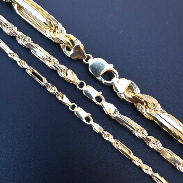 Oro vermeil da 4 mm, 6 mm o 10 mm su argento sterling 925 con taglio a diamante CORDA MILANO "FigaRope" Catene da 18" - 30" OPPURE Bracciali da 7", 8" 8,5" Lunghezze