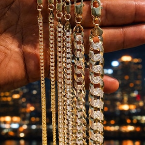Two Tone Diamond Cut Flat Curb Cuban Chain, 925 Sterling Silver & 14k Gold Finish