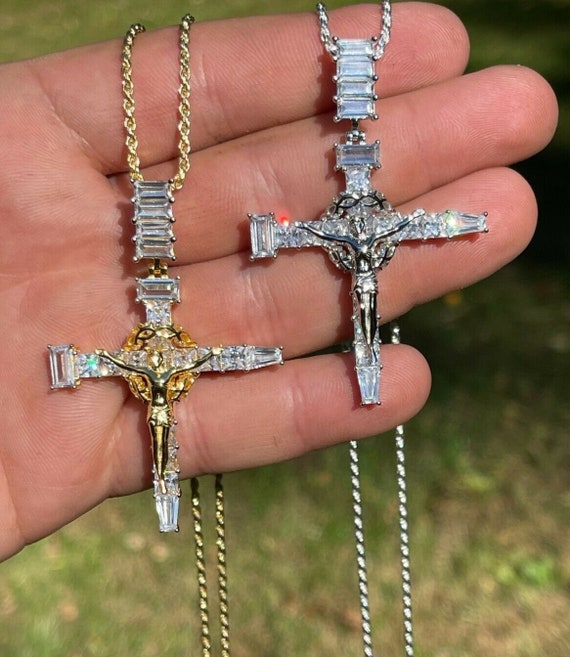Iced Out Baguette Nail Cross 925 Sterling Silver Men s Women s Crucifix Jesus Pendant in 14k Yellow Gold rhodium Finish Rope Chain.p331b c Etsy UK