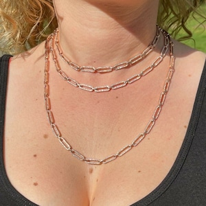 Women&#39;s 14k Rose Gold over 925 sterling silver Iced Out Simulated Diamond 5MM PAPER CLIP rolo cable chain necklace 14&quot;-24&quot; lengths