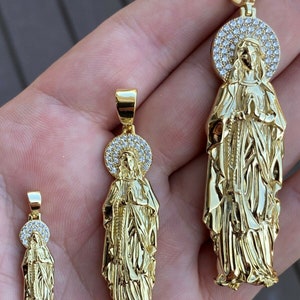 Real 14k Yellow Gold Over 925 Silver Virgin Mary Pendant Iced Hip Hop Men Ladies 