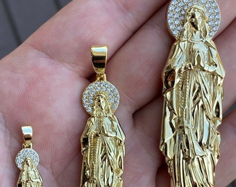 Men's Women's 14k Gold over Real 925 Sterling Silver VIRGIN MARY Guadalupe Iced Out Diamond Pendant Small Medium Large Oval..P489s/491m/493l