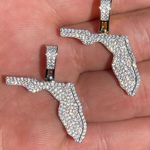 Men&#39;s Women&#39;s Moissanite or CZ State of FLORIDA, USA shaped pendant, Solid 925 Sterling Silver in 14k Gold or Rhodium Finish