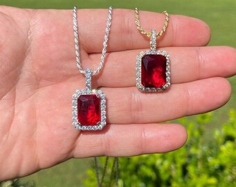 thumbnail image 2 of Men's 925 Sterling Silver Icy Simulated Ruby Pendant – Gold Plated 3D Hip Hop Charm 2 of 2