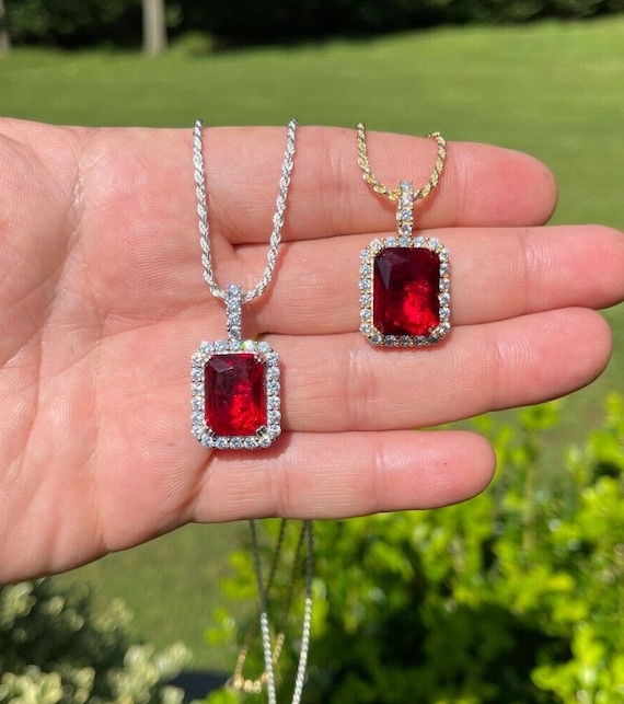 Men s Women s Rectangular Moissanite Simulated Ruby Pendant 925