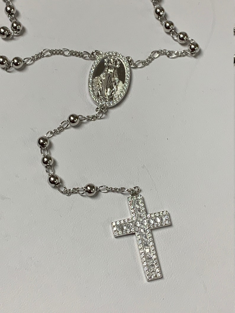 Men/'s Women/'s Custom made Solid 925 Silver Iced Out Baguette Rosary Beads Necklace Rosario 4mm beads