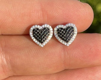Women's Girl's Solid 925 Sterling Silver Black CZ Diamond Heart Stud Screwback Earrings