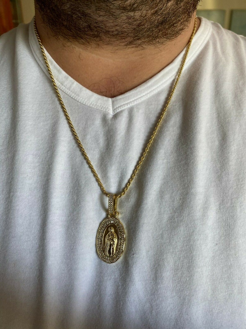 Virgin Mary Baguette Diamond Sterling Silver Medallion Pendant - 14k ...