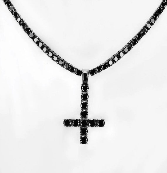 Upside Down Cross Necklace Pendant 925 Sterling Silver Black Mens Women
