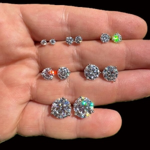 Mens Women&#39;s Martini 3 Prong Solitaire 925 Sterling Silver Moissanite Stud Earrings PASSES DIAMOND TESTER All Size 3mm to 10mm, Screw Backs!