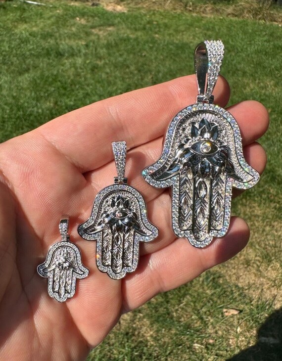 Harlembling 925 Sterling Silver Moissanite Hamsa Hand Pendant – Iced, Hip Hop Style