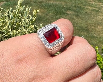 925 Sterling Silver Mens Simulated Ruby Ring: Hip Hop CZ