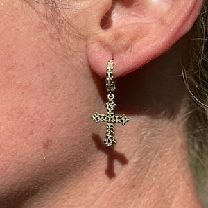 Men&#39;s Women&#39;s 14k gold over Solid 925 Sterling Silver Dangle Drop Nugget Cross Earrings