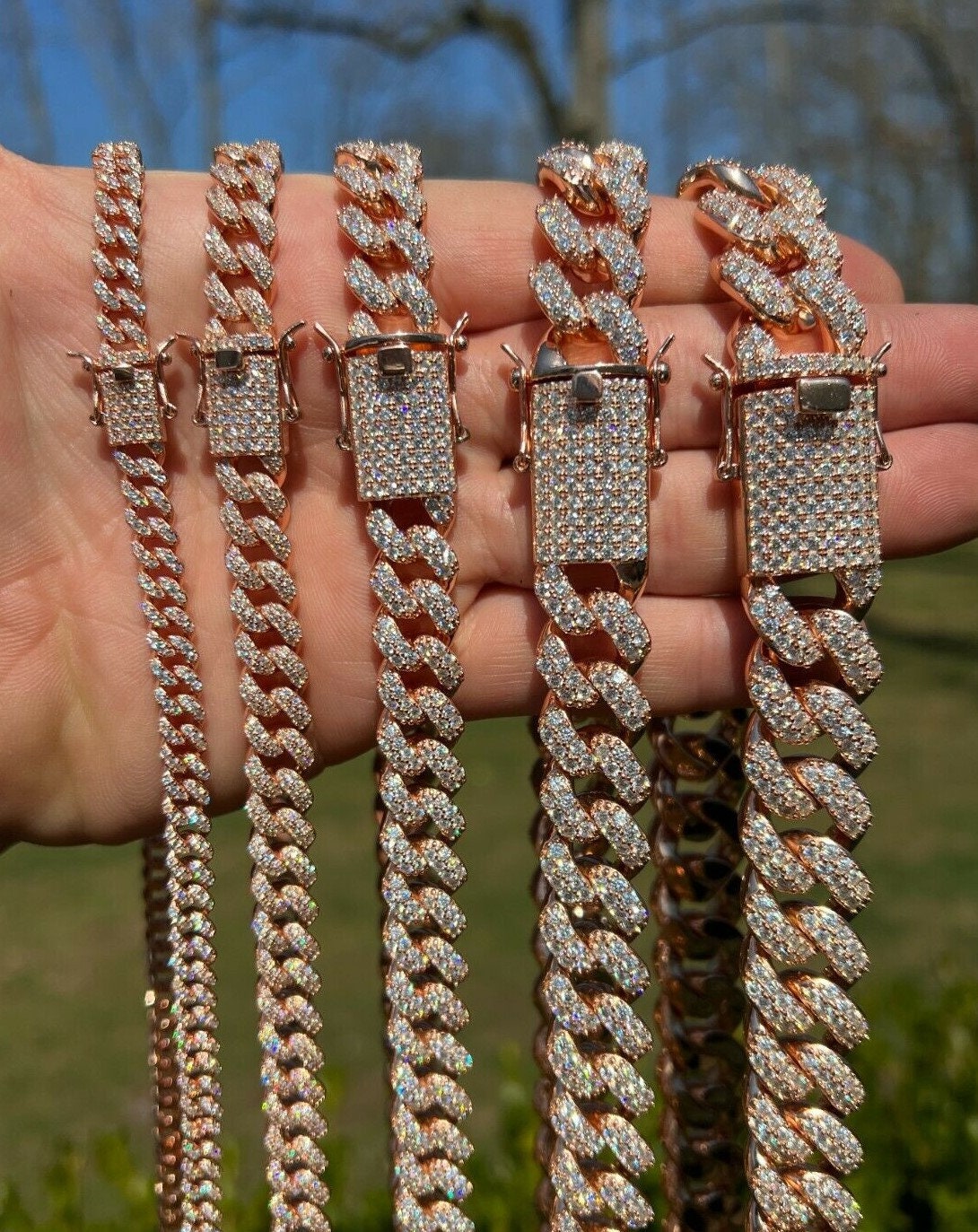 Moissanite Miami Cuban Link Chain: Rose Gold Vermeil, Sterling