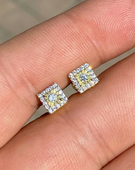 Orecchini a bottone quadrati ghiacciati: oro su argento sterling, taglio diamante - Italia