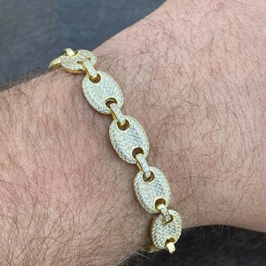 Men's Women's Iced Out 10MM Puffed Mariner Bracelet Simulated Diamonds (cz) 14k Gold Over 925 Sterling Silver, 7" - 8.5" Lengths Available