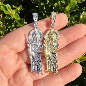 Moissanite Solid 925 Sterling Silver St. Jude San Judas Tadeo Iced Out Pendant 14k Yellow Gold or Rhodium Finish, PASSES DIAMOND TESTER!!!