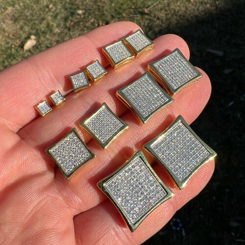 Vintage Men's Sterling Silver Screw Back Stud Earrings – 14k Gold Plated Mini Square Block With CZ