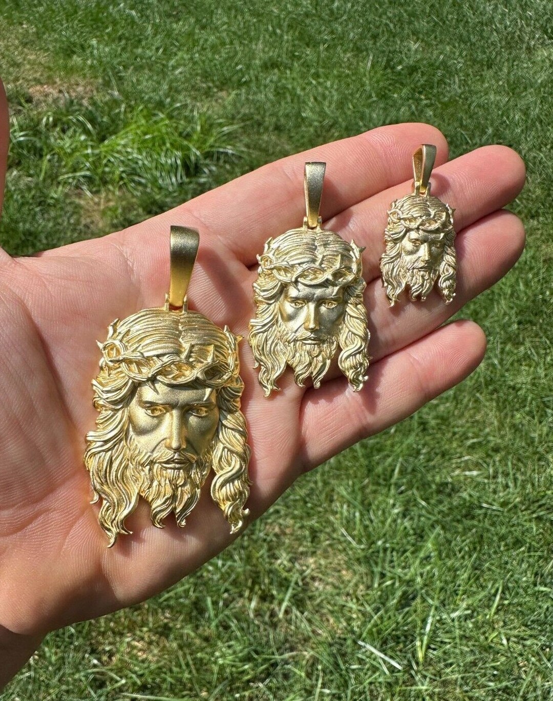 14k Gold Vermeil on 925 Sterling Silver Jesus Pendants, Sandblasted