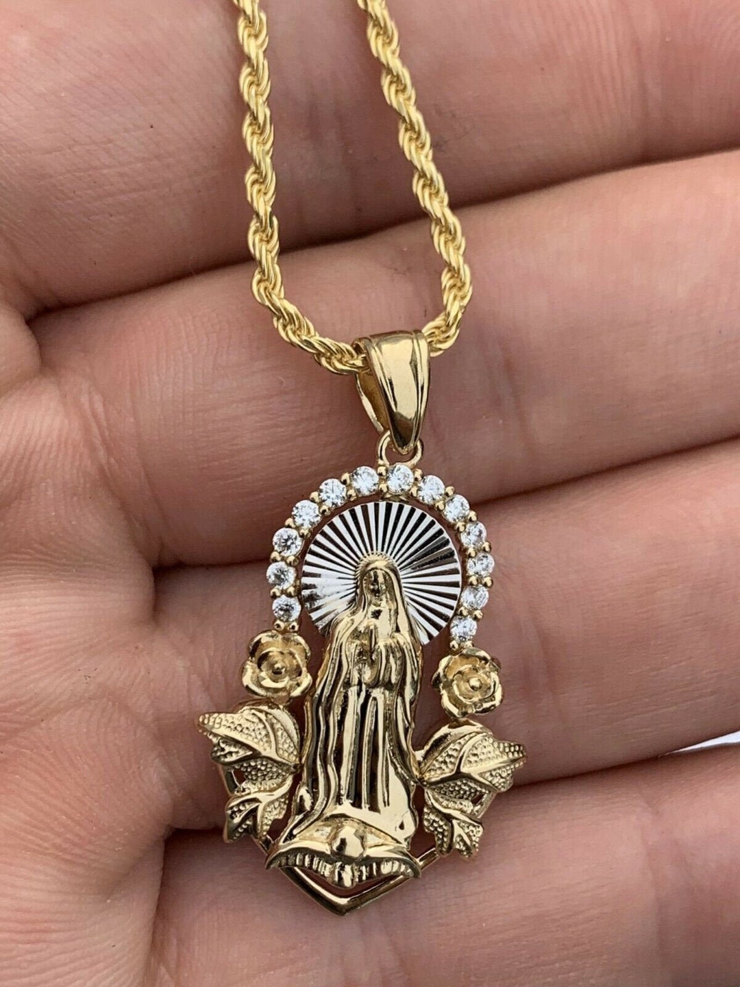 Iced Out Virgin Mary Pendant: 14k Gold Sterling Silver CZ, Floral ...