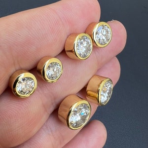 Real Moissanite Bezel Stud Earrings for Men or Women, Gold over Solid 925 Sterling Silver, PASSES DIAMOND TESTER,  3 sizes: 6.5mm, 8mm, 10mm