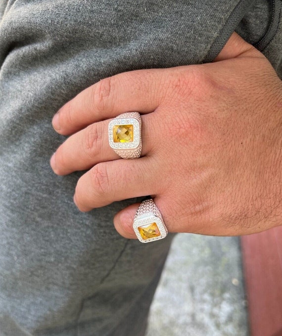 Men's Real Solid Natural 925 Sterling Silver Square Canary Men's Real Solid Natural 925 Sterling Silver Square Canary
