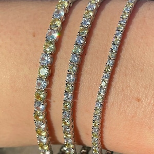 Women's Girl's SOLID 925 Sterling Silver Iced Out Tennis Bracelet Single Row Diamond & Yellow Sapphire 6"-8.5"