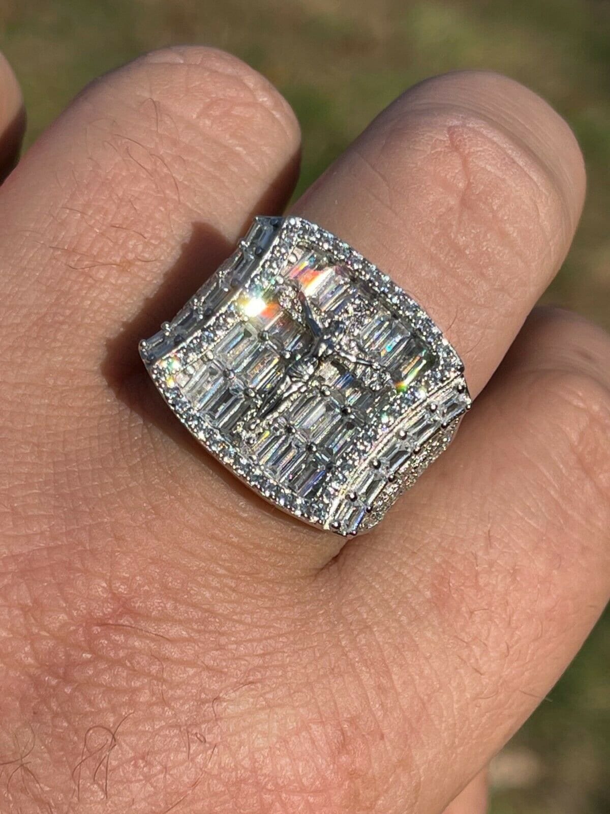 Iced Out Cross Ring: Men's 925 Sterling Silver Baguette Jesus Ring