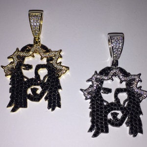 Black Iced Out Jesus Pendant in Rhodium or 14K Gold Finish w/Simulated Diamonds