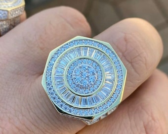 Men's Custom Iced out Baguette Octagon Pinky Ring Solid 925 Sterling Silver w/14K Gold Plating Sizes 7-13