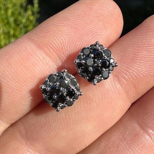 Men&#39;s Women&#39;s 8mm Black Moissanite Solid 925 Sterling Silver Round Cluster Screw Back Earrings PASSES DIAMOND Tester!!!