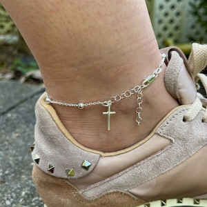 Women&#39;s Cross Rosary Bead Ankle Bracelet 3mm Adjustable Anklet Solid 925 Silver 8&quot;-11.5&quot; (2 sizes available...please read description!)