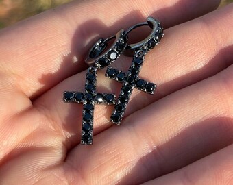 Black Oxidized Sterling Silver Cross Earrings, Simulated Diamond