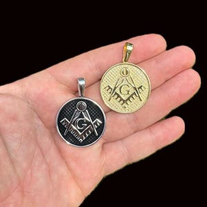 Men&#39;s Women&#39;s Freemason Masonic Oxidized Vintage Look Solid 925 Sterling Silver/Gold Finish Pendant 2mm Box Necklace 18-30&quot;