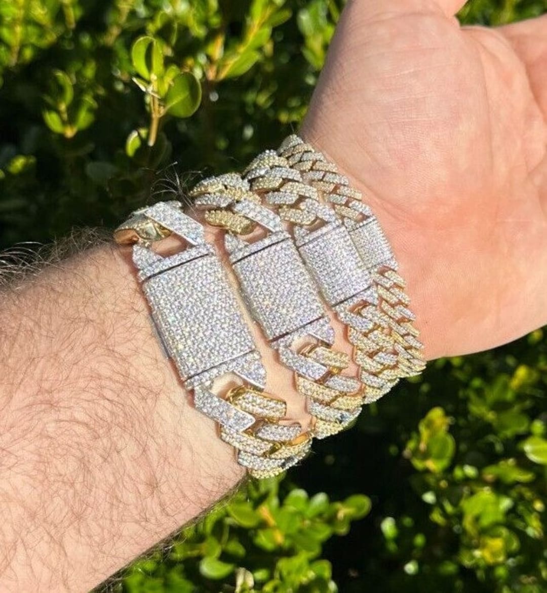 MOISSANITE Prong Cuban Link Bracelet Two Tone 14K Yellow MOISSANITE Prong Cuban Link Bracelet Two Tone 14K Yellow