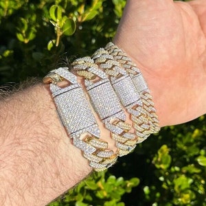 MOISSANITE Prong Cuban Link Bracelet Two Tone 14K Yellow Gold & Solid 925 Sterling Silver  7&quot;, 7.5&quot;, 8&quot;, 8.5&quot;, 9&quot;,  PASSES DIAMOND Tester!!!