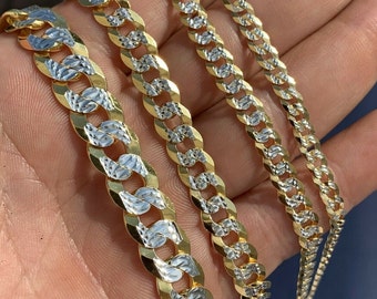 Men's or Women's Two Tone Diamond Cut 925 Sterling Silver & 14k Gold Finish Flat Curb Cuban Chain Necklace 18-30", Bracelet 7-9"