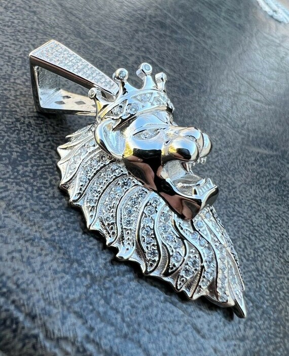 Iced Rasta Lion Pendant: 925 Sterling Silver King Crown Necklace
