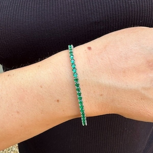 Women&#39;s or Men&#39;s 3mm Real SOLID 925 Sterling Silver Iced Out Simulated Emerald Green Tennis Bracelet 6&quot; through 8.5” lengths