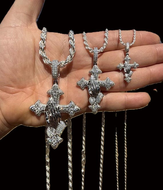 Moissanite Praying Hands Cross Pendant, Sterling Silver Rhodium
