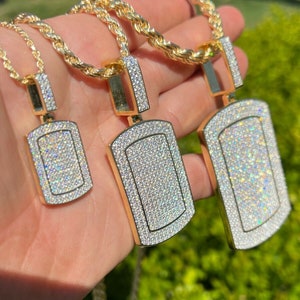 Men&#39;s Women&#39;s 14k Gold Vermeil over Solid 925 Sterling Silver Dog Tag Iced Out Hip Hop Rapper Pendants Available in 3 Sizes...P643/646/649