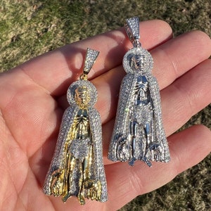 Moissanite  2&quot; St. Lazarus San Lazaro Pendant Solid 925 Sterling Silver-Rhodium or 14k Gold Vermeil, PASSES DIAMOND TESTER!