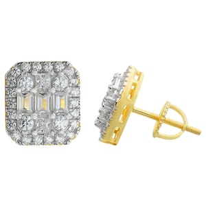 Men&#39;s Women&#39;s 14k Gold over 925 Sterling Silver Iced Out Hip Hop Baguette Diamond Earrings Screw Back