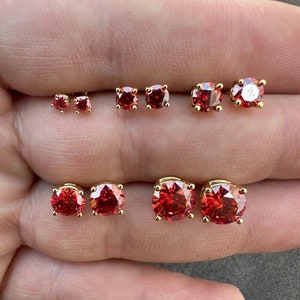 Mens Women's Ruby Red Moissanite Stud Earrings PASSES DIAMOND TESTER, 14k Gold over Solid 925 Sterling Silver 3mm to 8mm Screw Backs
