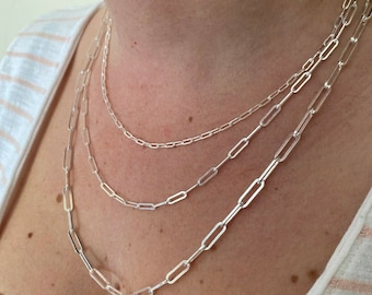 Women's Solid 925 sterling silver PAPER CLIP rolo cable chain necklace 14"-24" lengths, 2.5mm, 3mm, 4mm widths