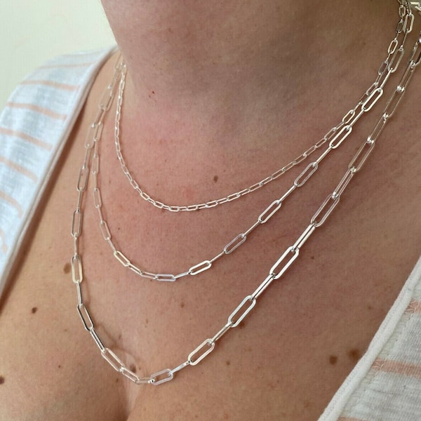 Women's Solid 925 sterling silver PAPER CLIP rolo cable chain necklace 14"-24" lengths, 2.5mm, 3mm, 4mm widths